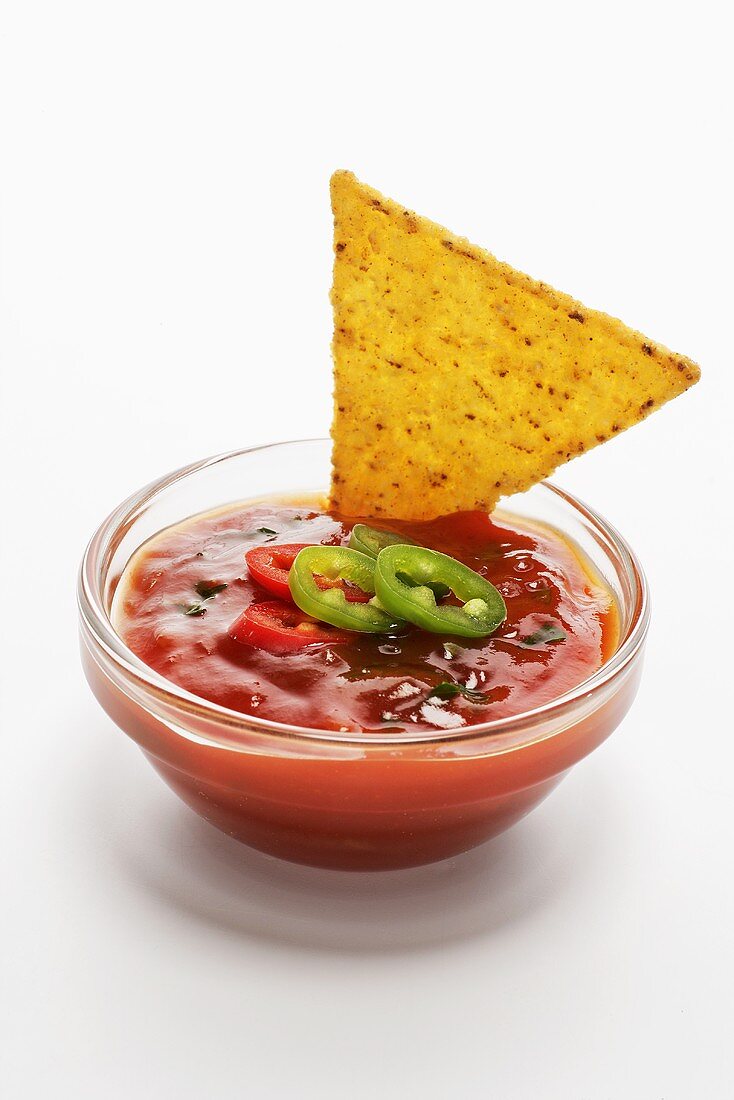 Tortilla chips with tomato and pepper dip