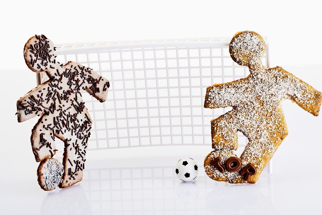 Footballer biscuits with chocolate sprinkles & grated coconut