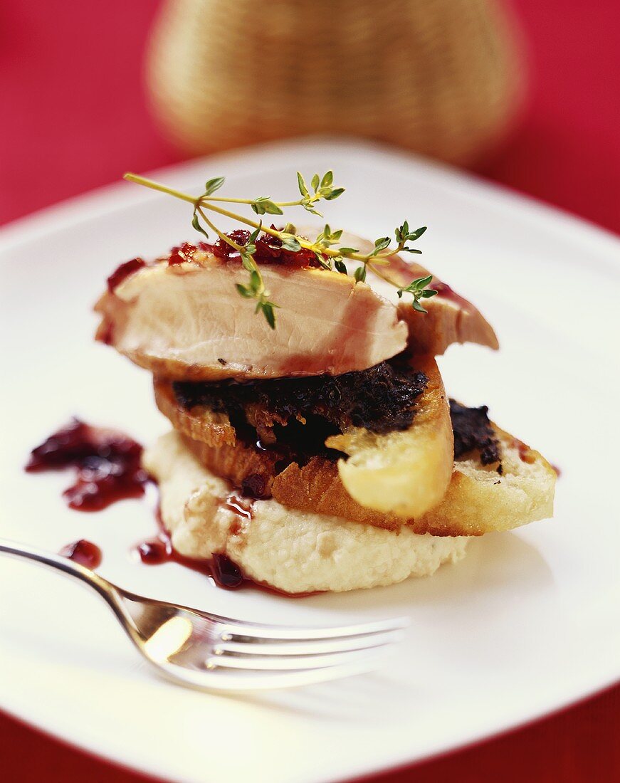 Rabbit with onions in Barolo wine, bean puree and crostini