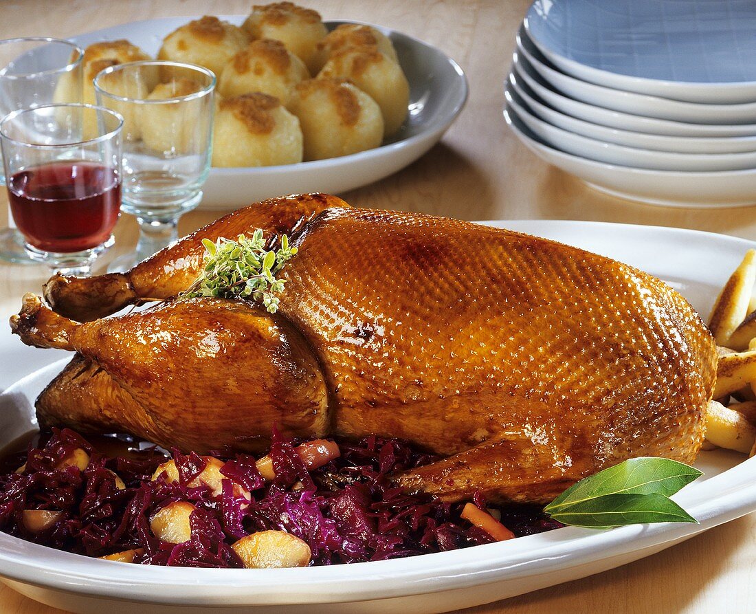 Roast goose with apple and red cabbage and potato dumplings