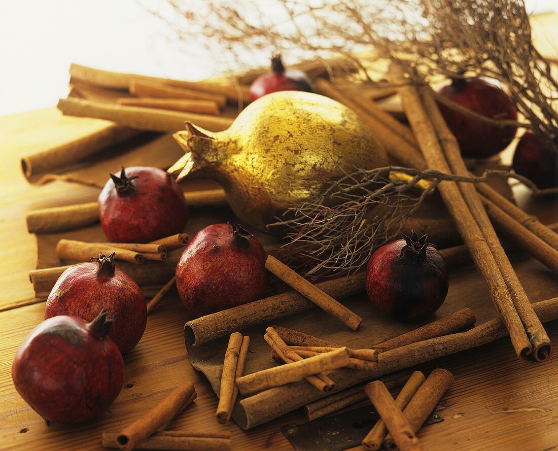 Stillleben mit Granatäpfeln, Zimtstangen und Euphorbiengeäst