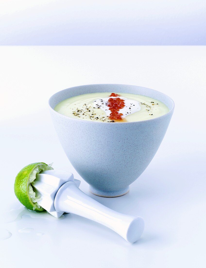 Limetten-Vichyssoise mit Lachsrogen; Zitruspresse mit Limette