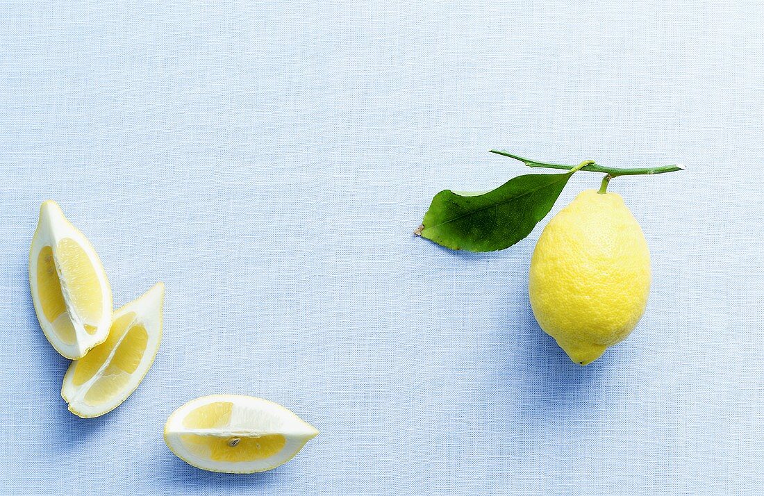 Zitronenschnitze und Zitrone mit Blatt