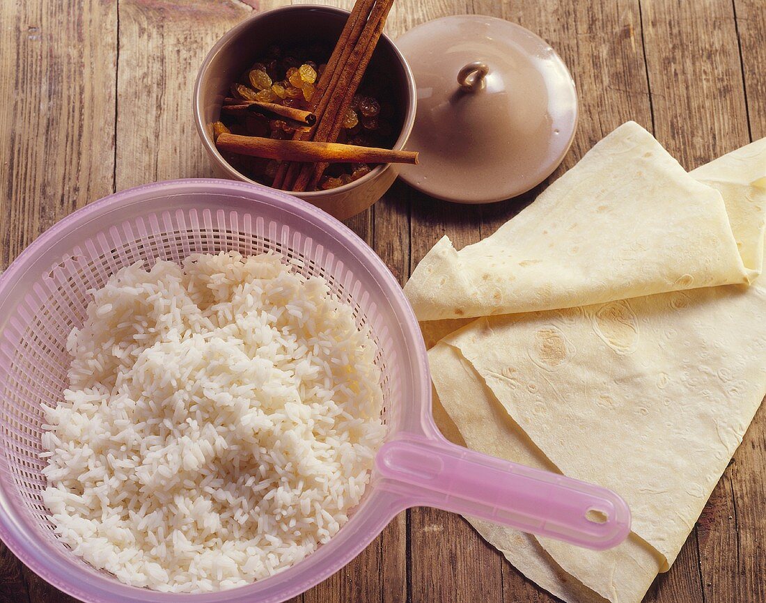 Turkish cooking ingredients: rice, yufka, sultanas, cinnamon