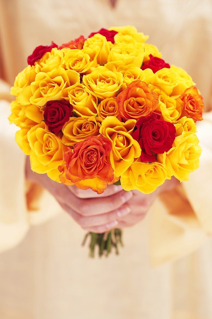 Hands holding bouquet of yellow roses