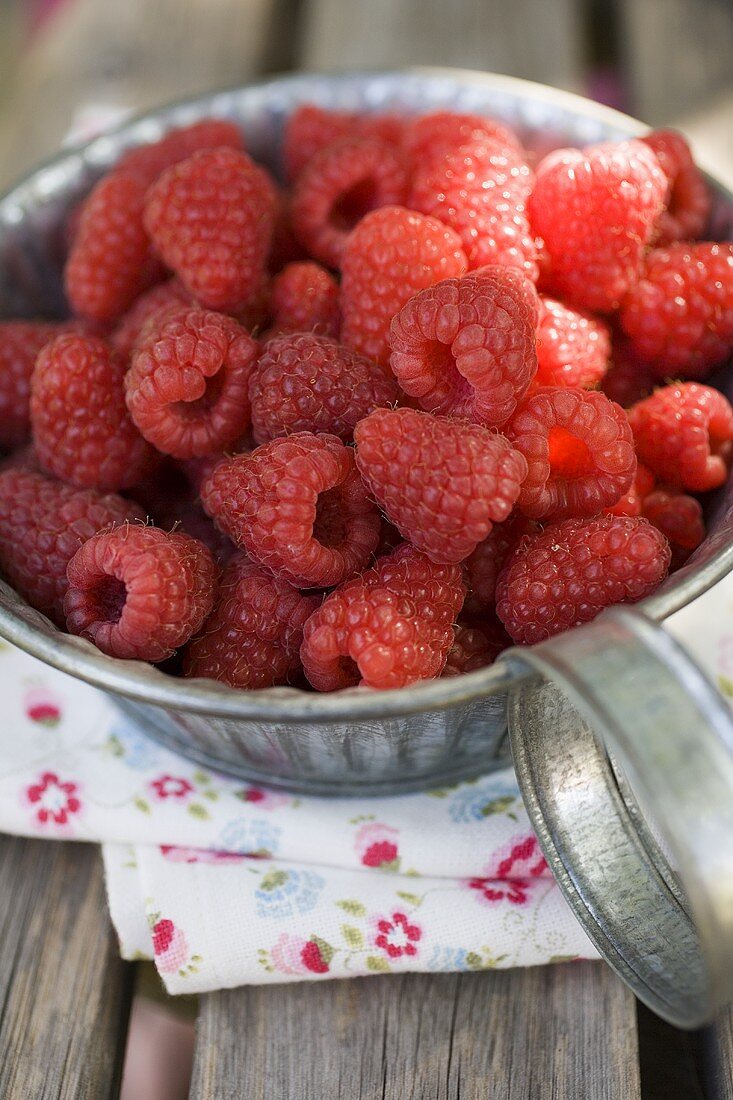 Schale mit frischen Himbeeren auf einem Gartentisch