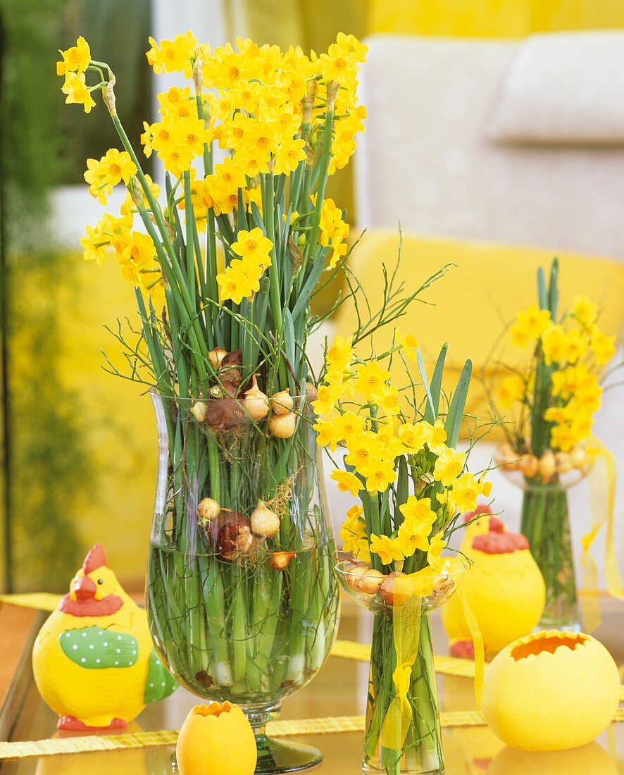 Narcissi with bilberry twigs, Easter decorations (hens & eggs)