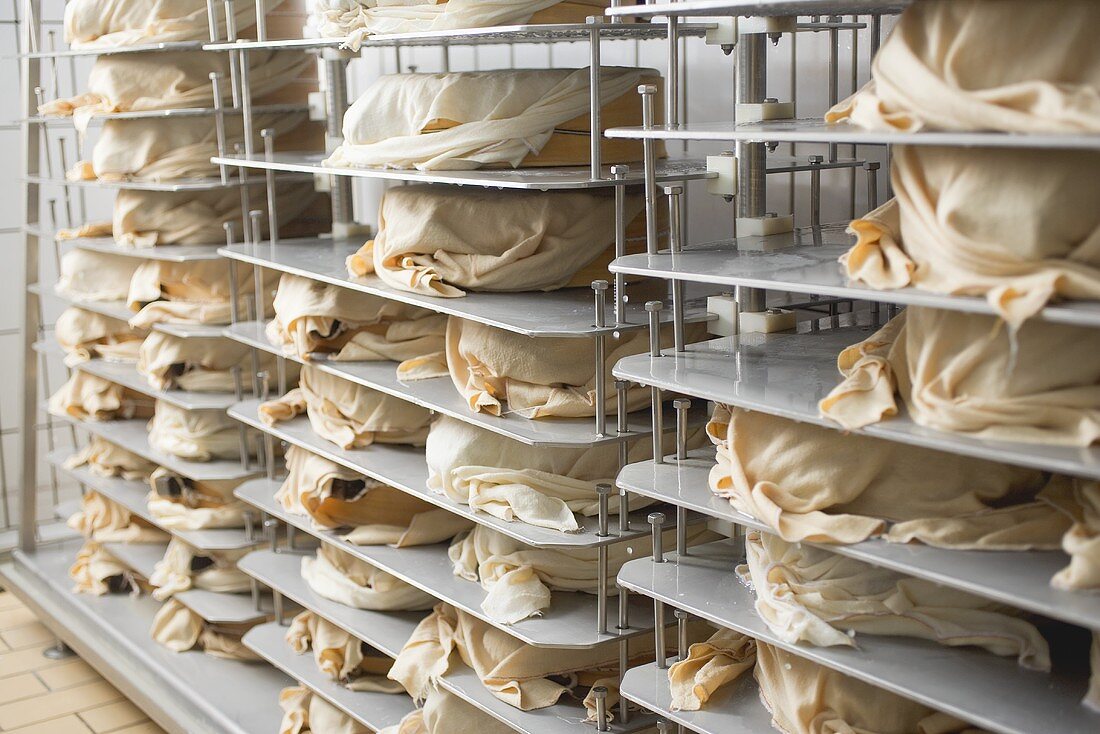 Cheese wrapped in cloths stored on shelves