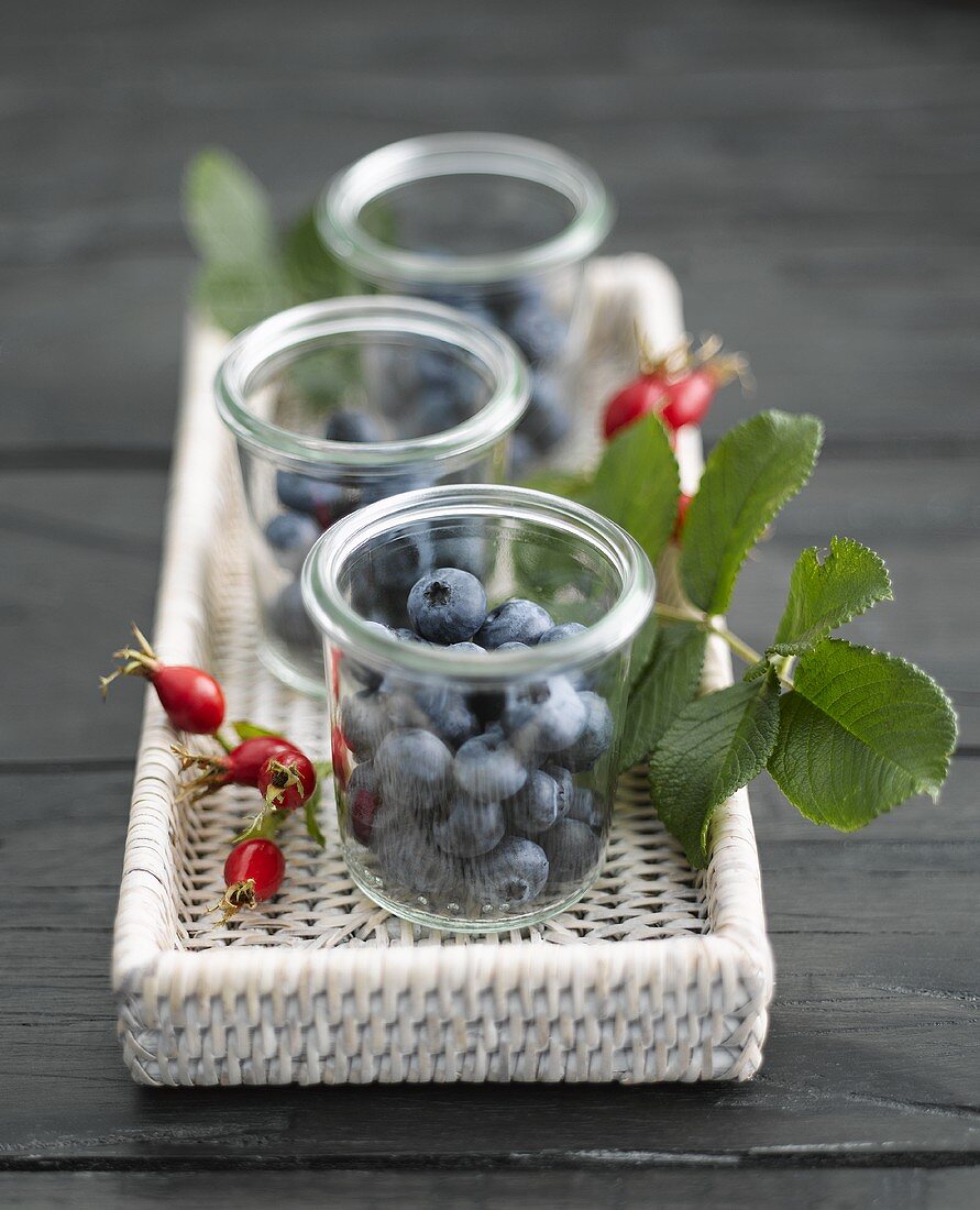 Frische Heidelbeeren in Marmeladengläsern