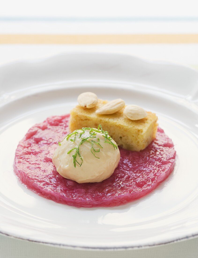 Rhubarb compote with cardamom ice cream and almond slice