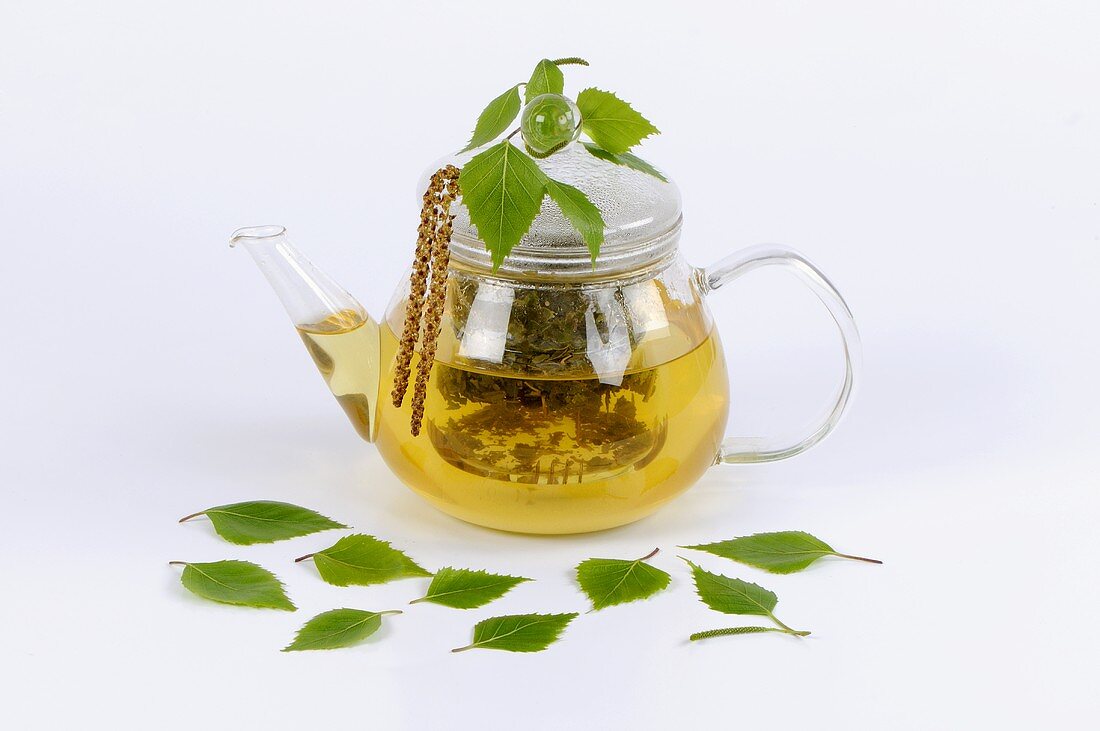 Birch leaf tea in glass teapot