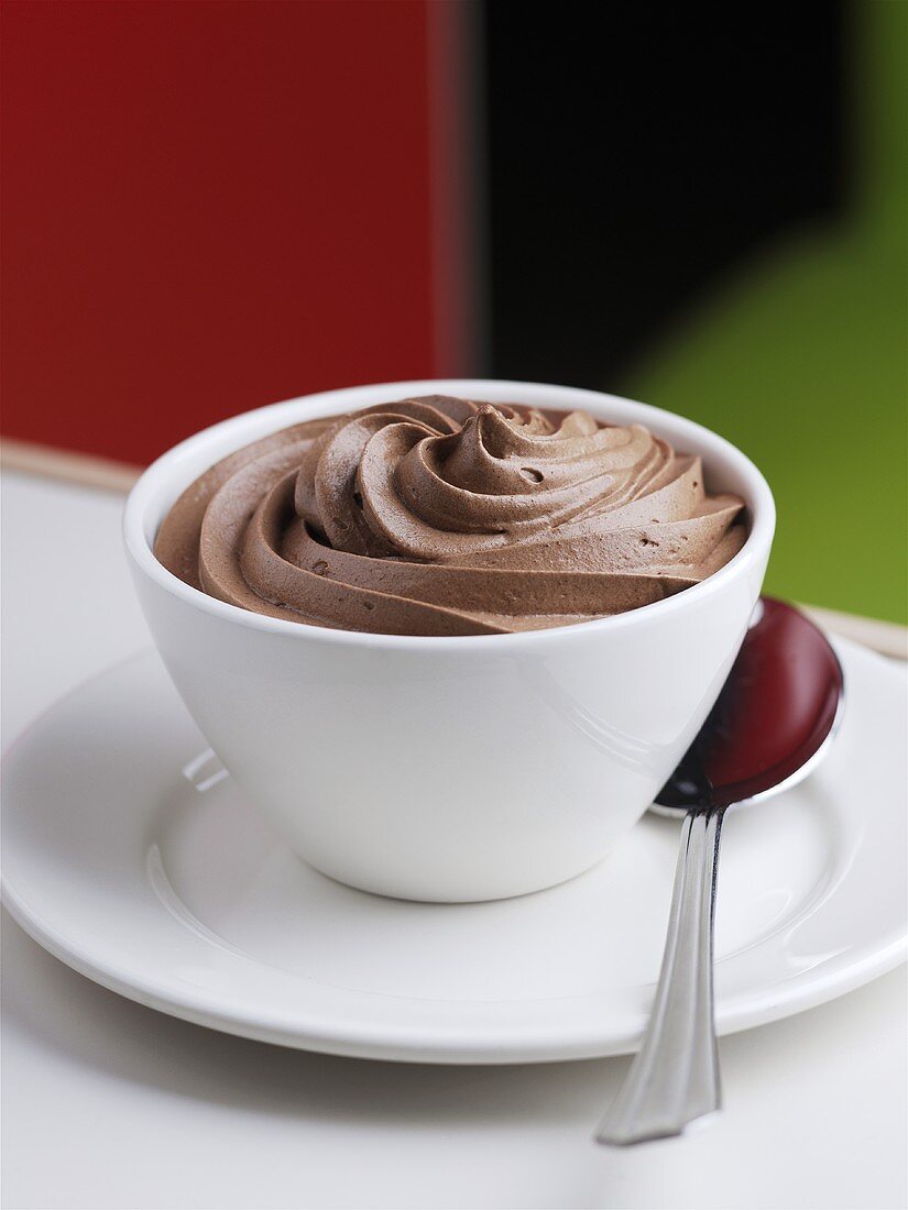 Chocolate mousse in white bowl