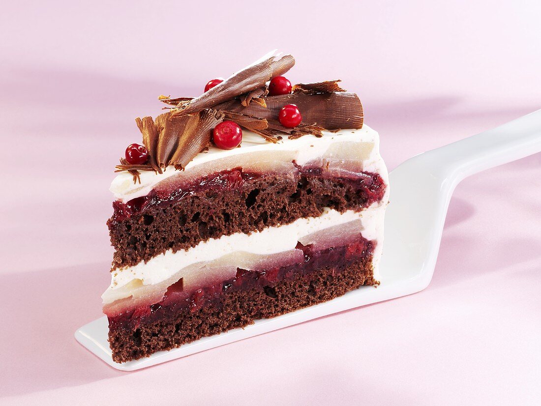 Piece of chocolate cake with pears and cranberries