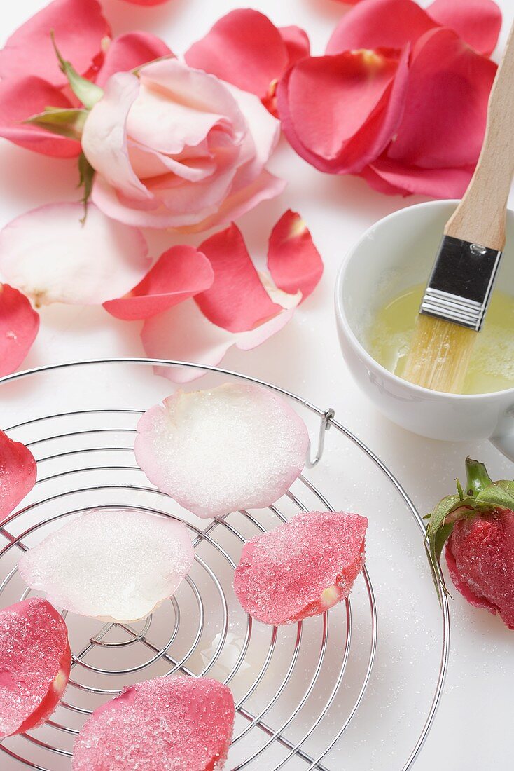Candying rose petals
