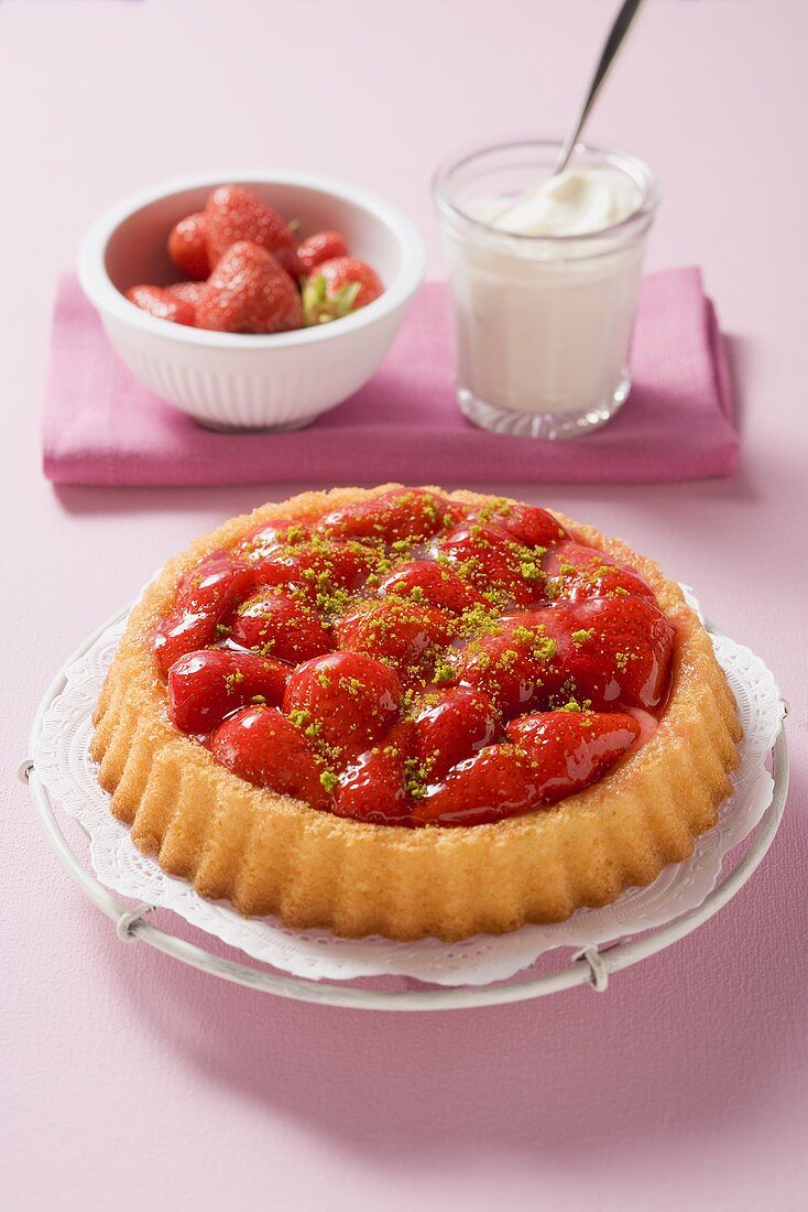 Strawberry flan, whipped cream, fresh strawberries