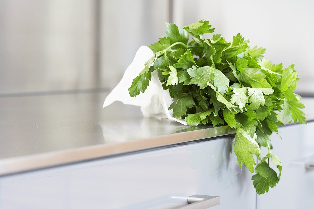 Fresh parsley on kitchen cabinet