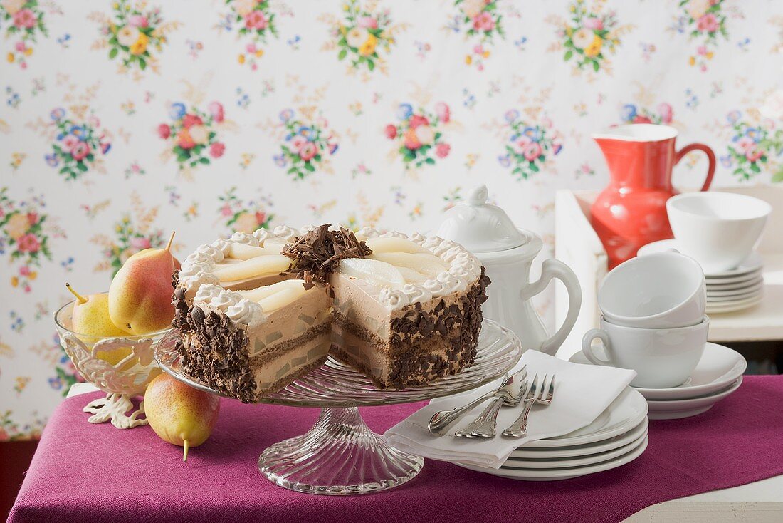 Chocolate and pear cake, a piece cut