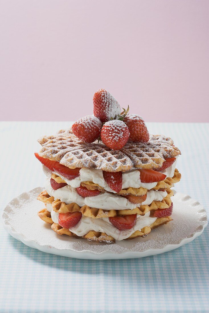 Waffles with strawberries and cream