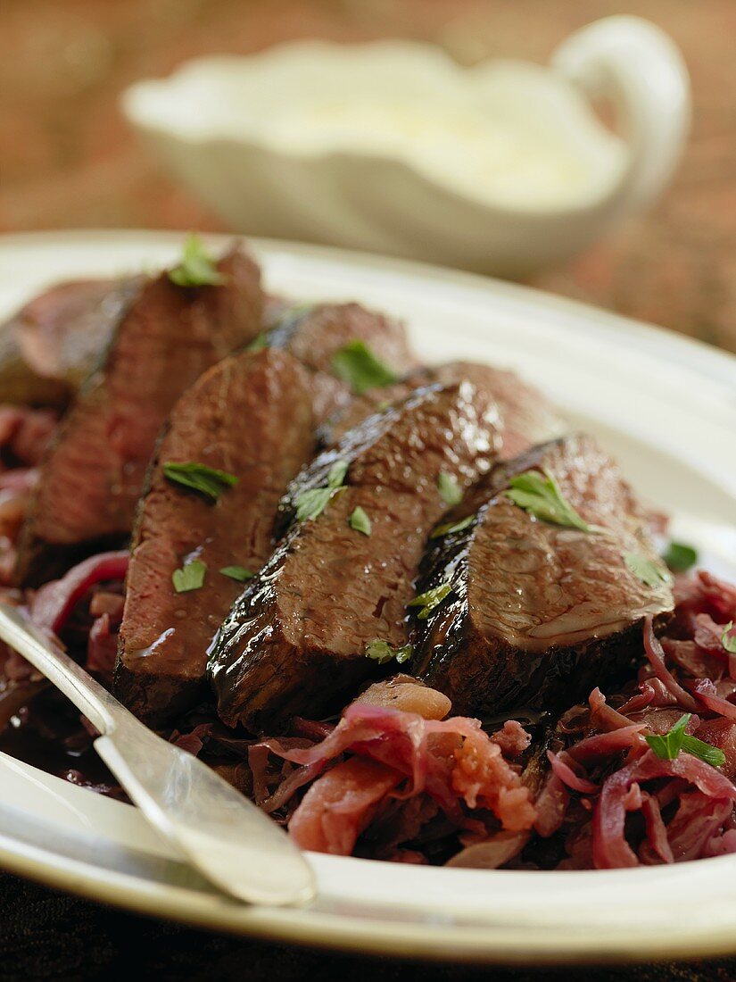 Beef on red cabbage salad