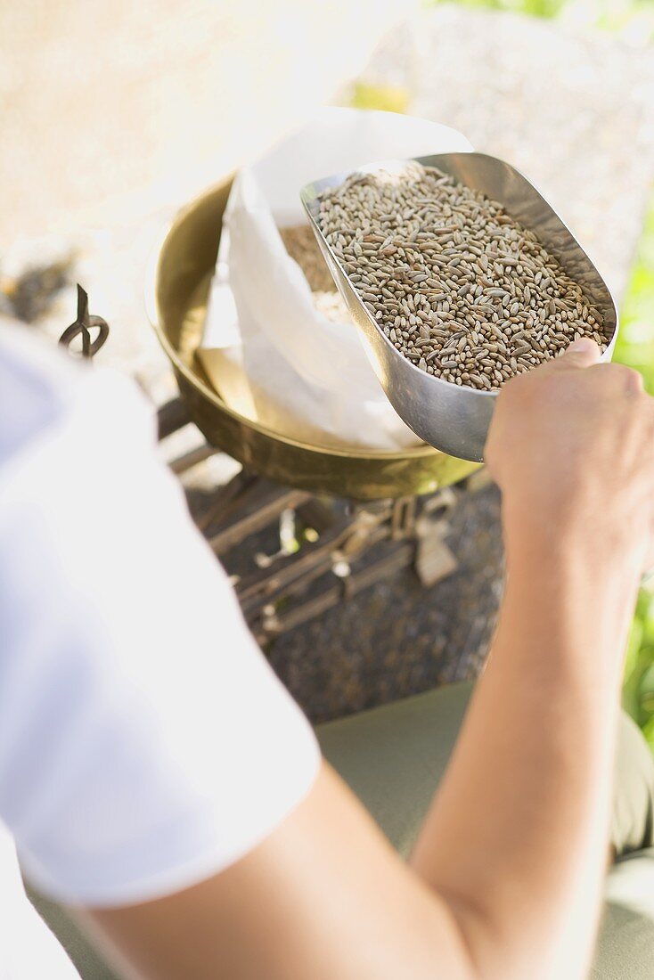 Woman putting cereal grains into paper bag on scales