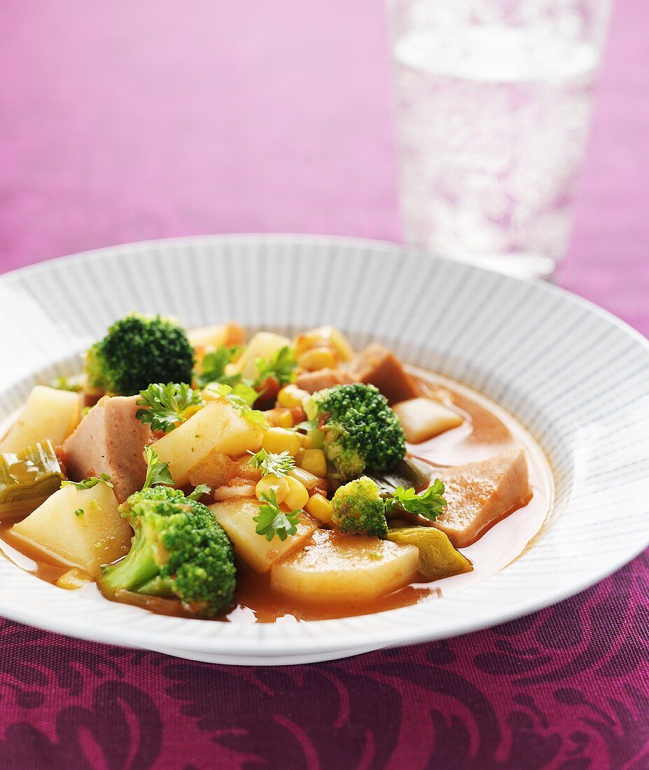 Sausage stew with broccoli, potatoes and sweetcorn
