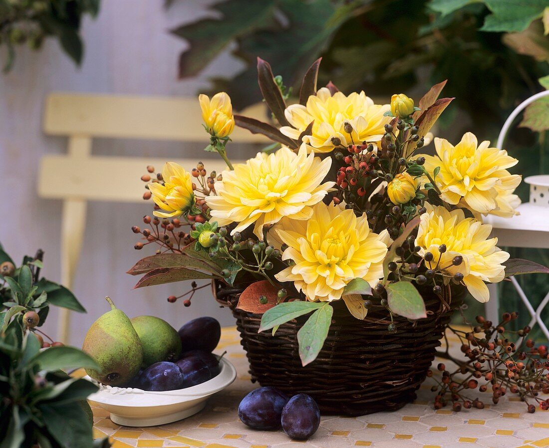 Dahlias, rose hips, peony leaves, Pyrus