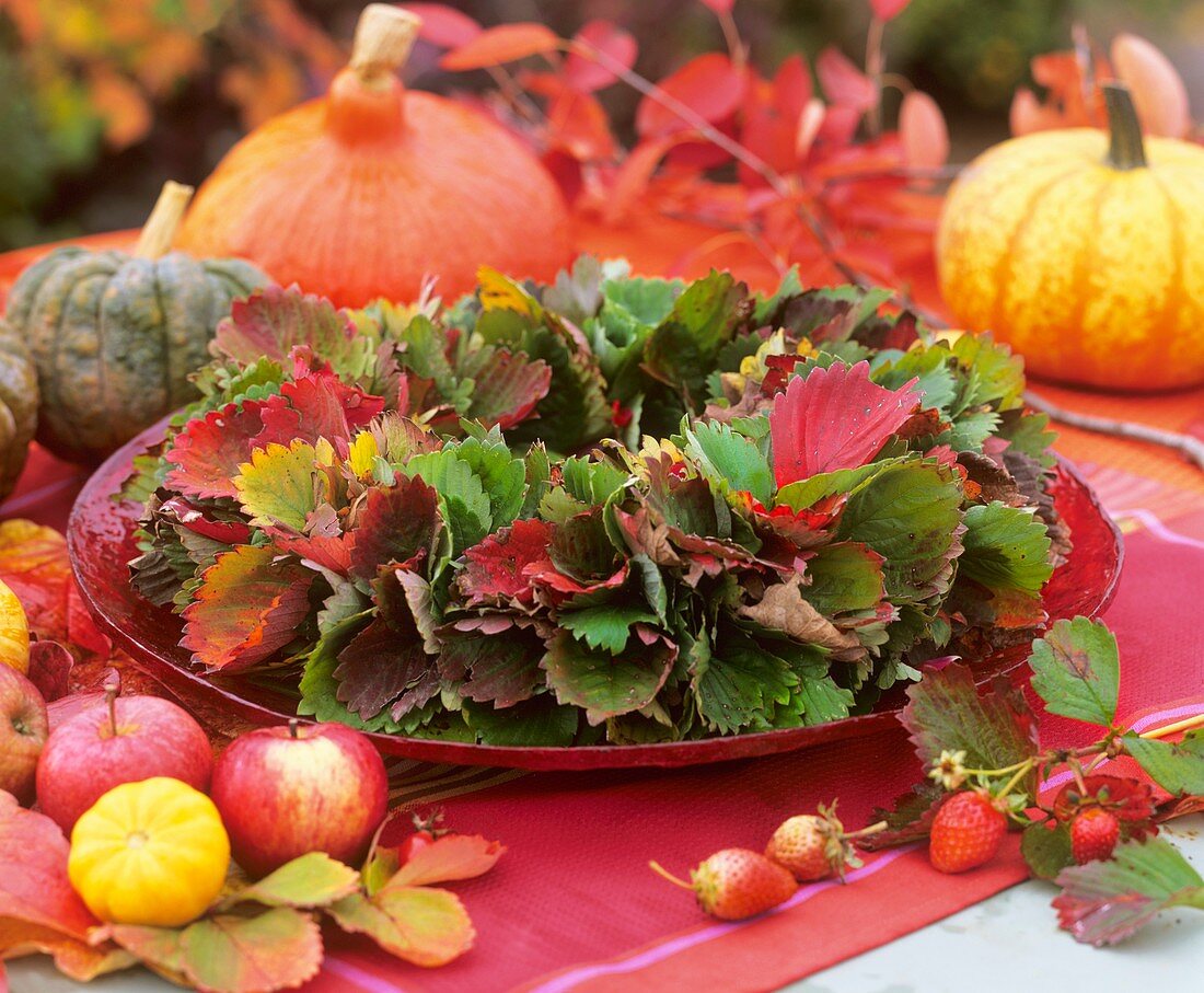 Wreath of strawberries leaves, apples and pumpkins