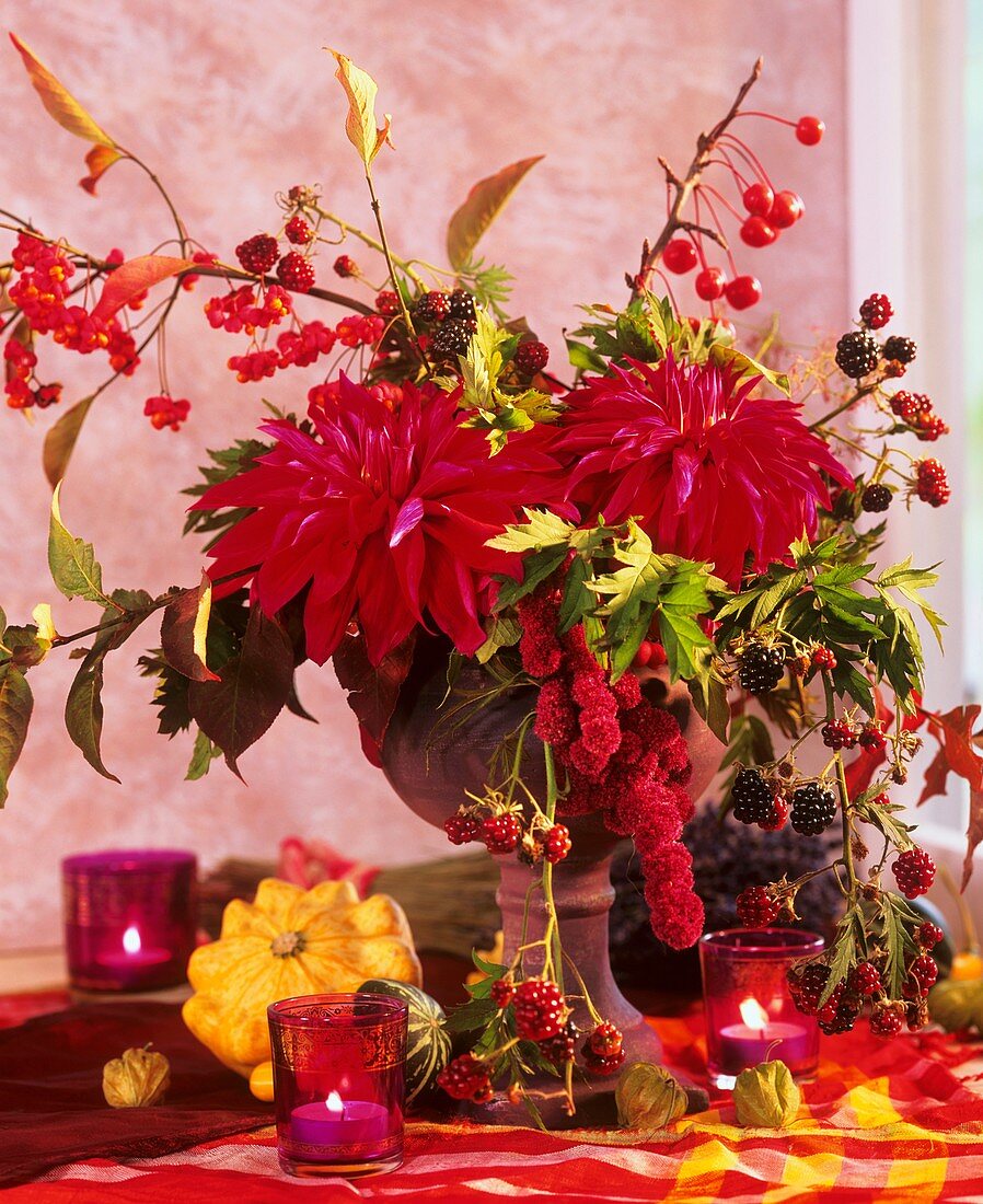 Autumnal arrangement of dahlias, Amaranthus and berries