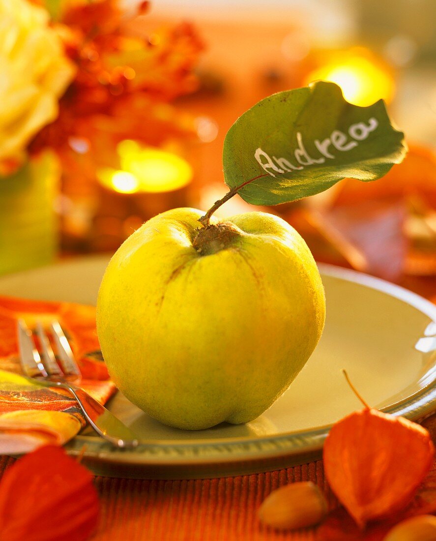 A quince with leaf as place-card