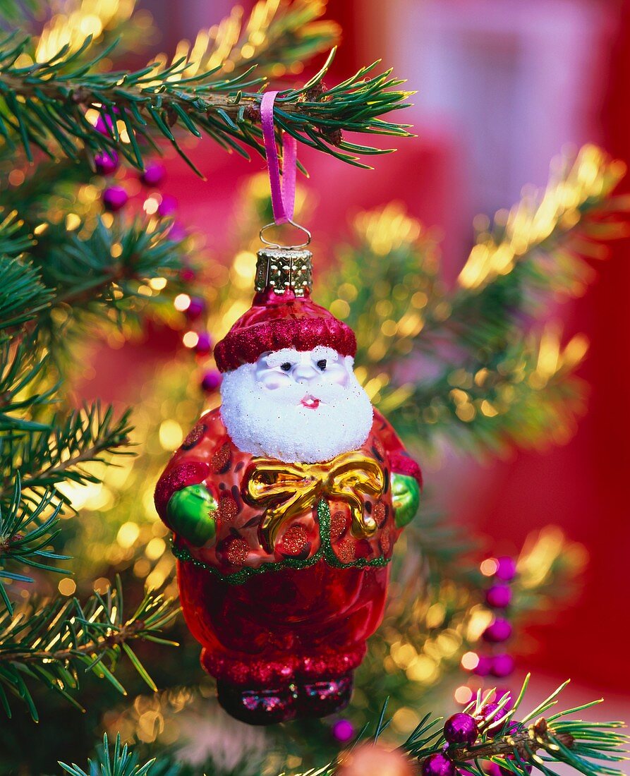 Father Christmas tree ornament on a spruce Christmas tree