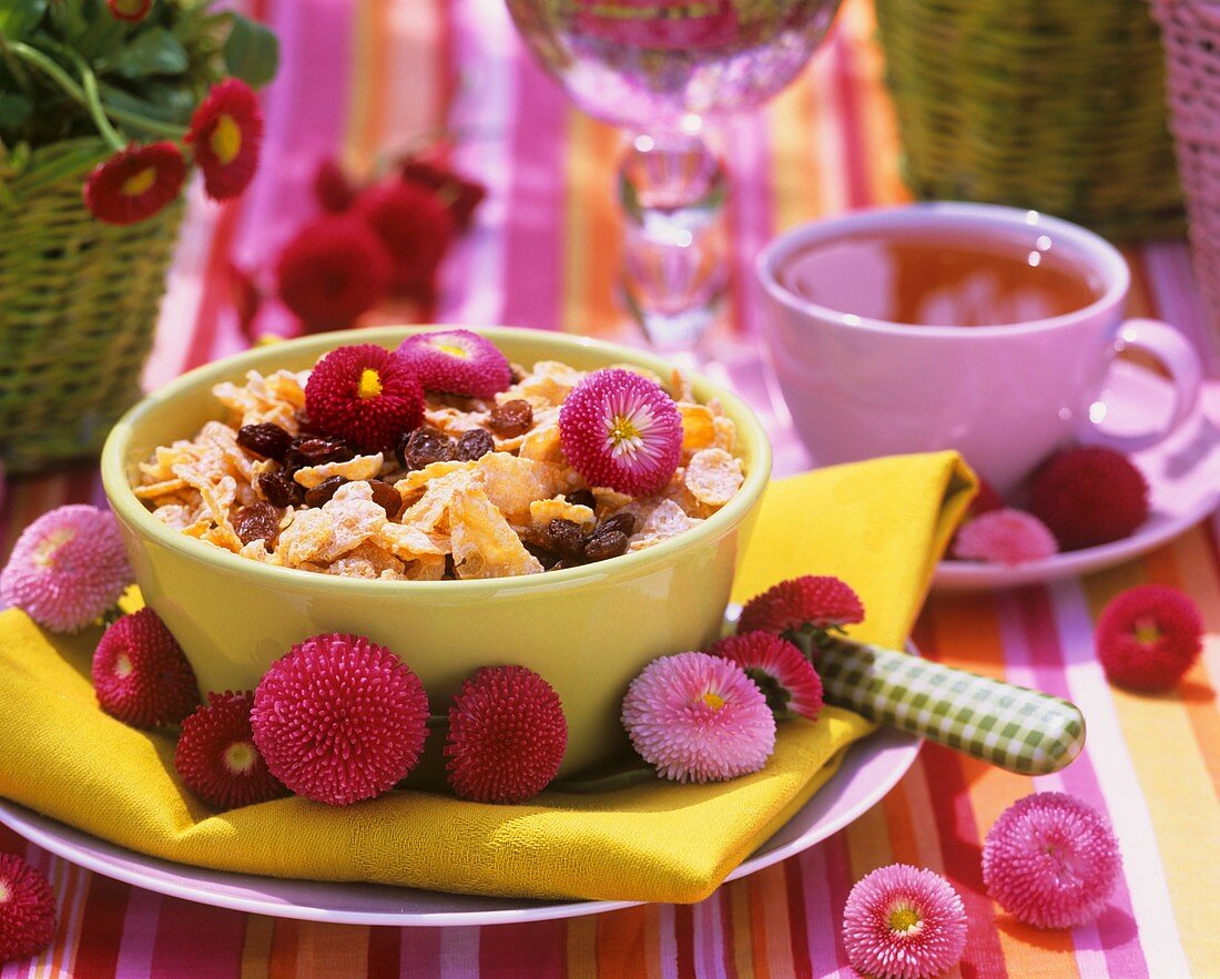 Bowl of muesli and daisies