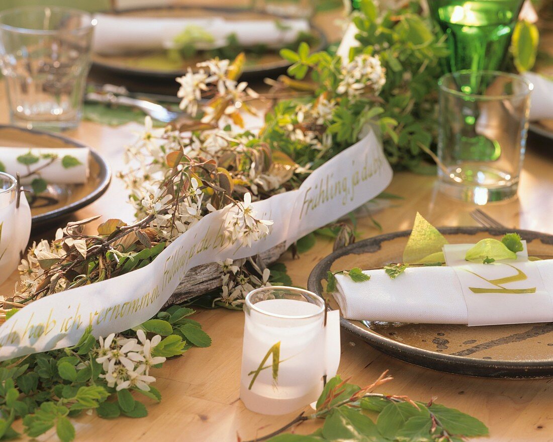 Laid table with spring theme with flowering branches & ribbon
