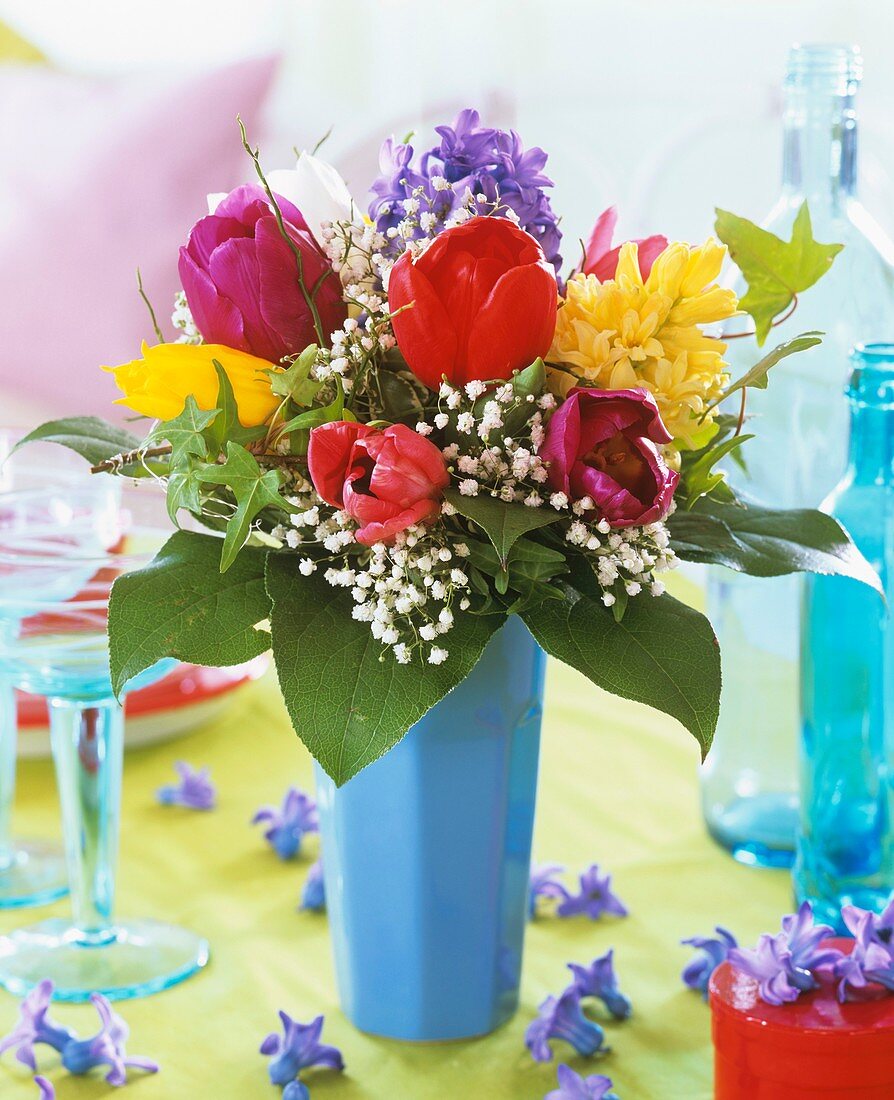 Arrangement of tulips, hyacinths and Gypsophila