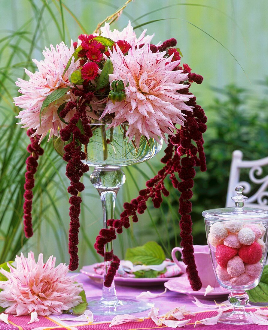 Dahlias with Amaranthus, glass of marshmallows