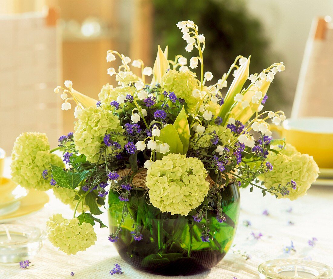 Lilies-of-the-valley, scented viburnum, forget-me-nots in vase