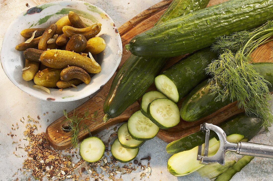 Fresh cucumbers and gherkins, dill and spices