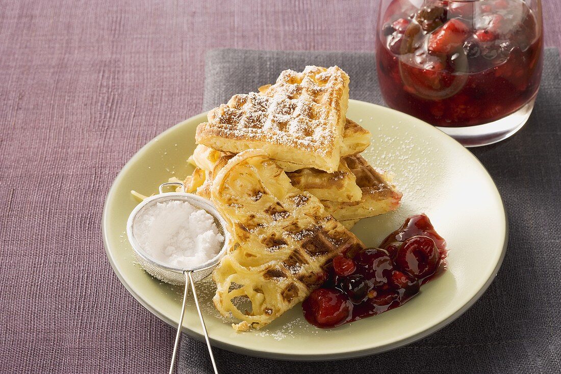 Sweet spaghetti waffles with berry compote