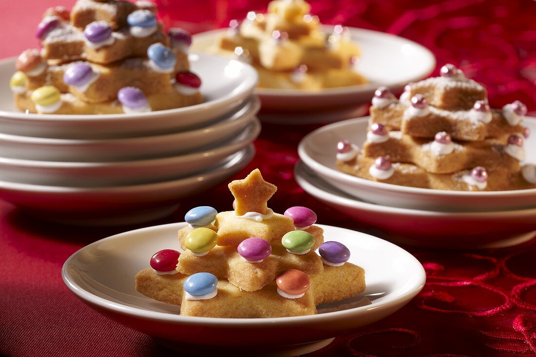 Star cookie trees decorated with chocolate beans and dragees