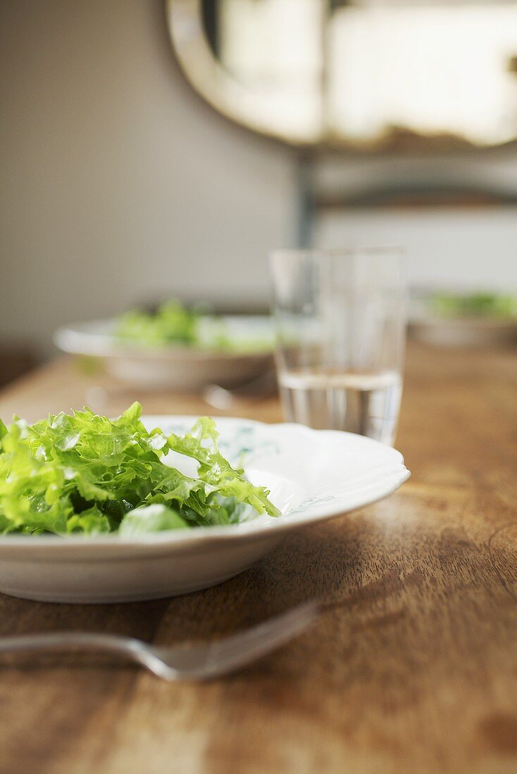 Three plates of green salad on a wooden table