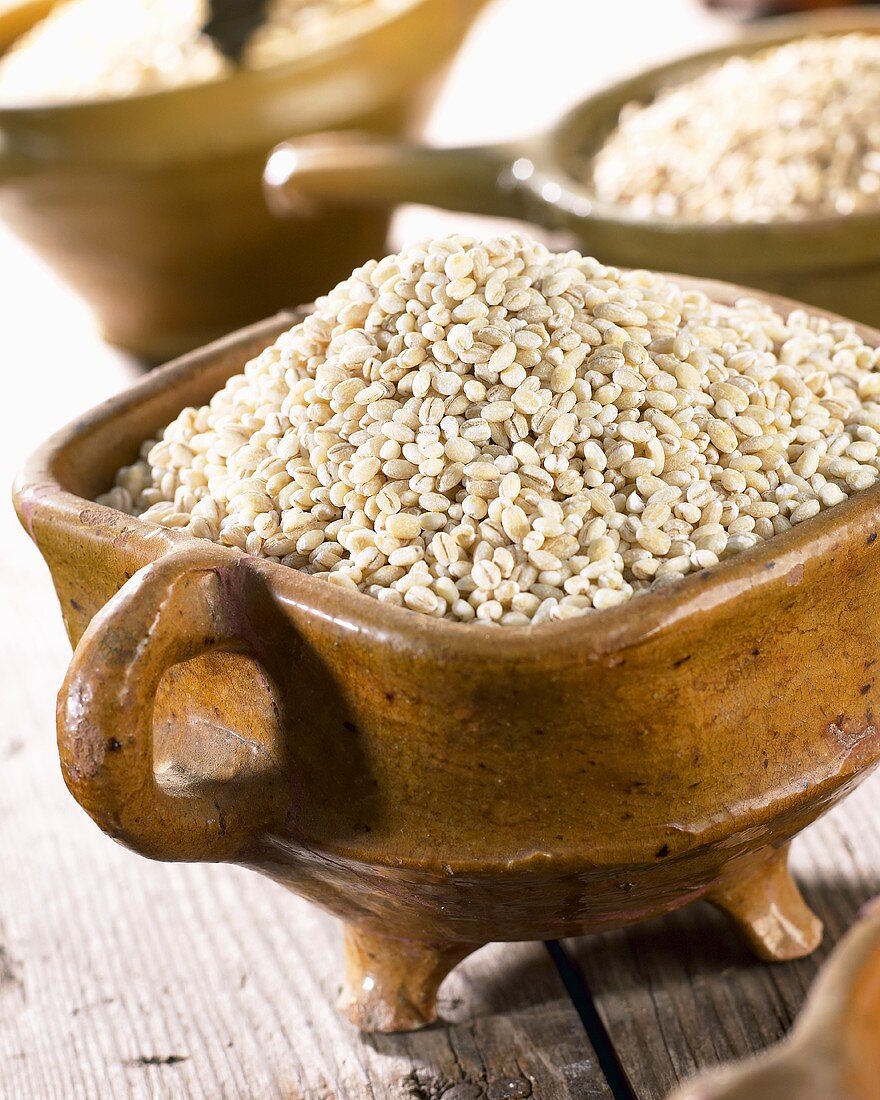 Barley grains in terracotta dish