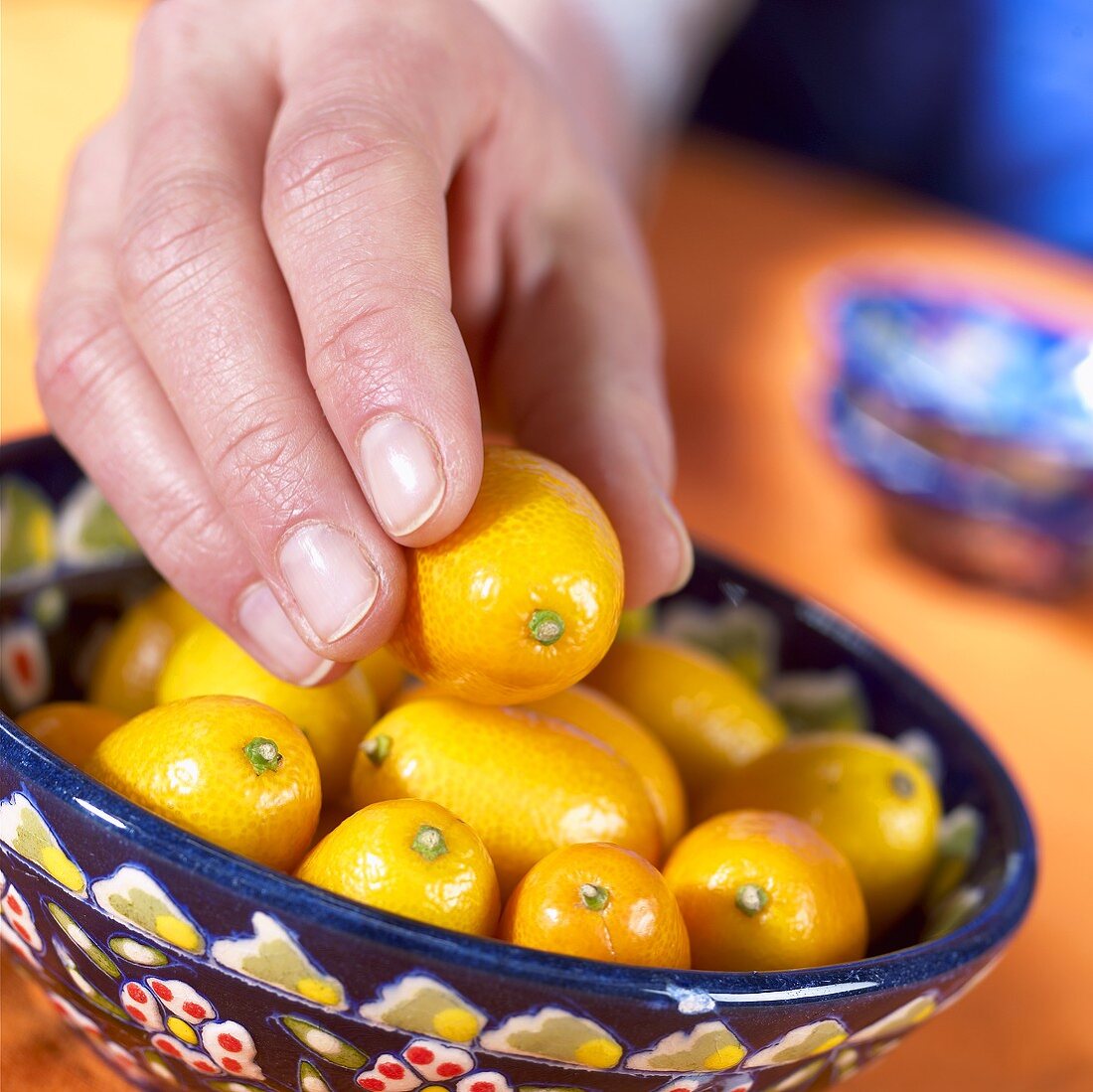 Hand greift nach Kumquat