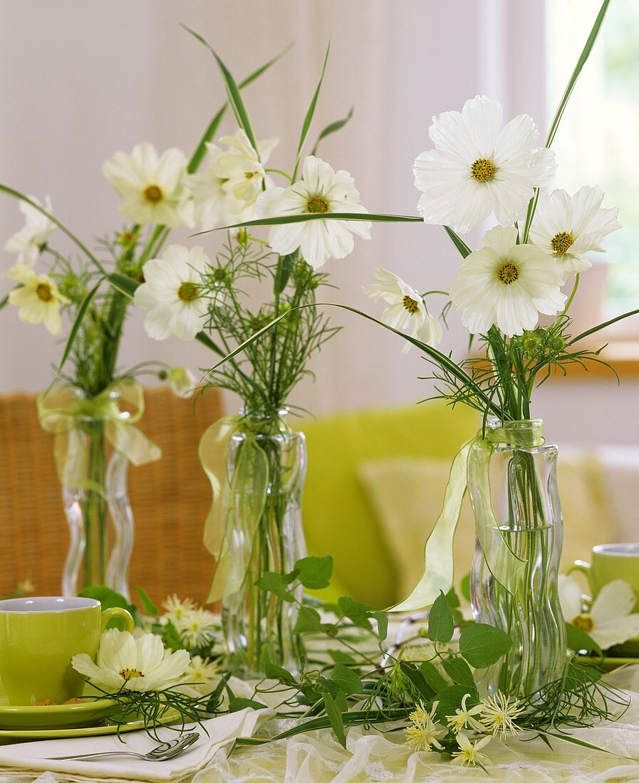 Three posies of Cosmos and Clematis