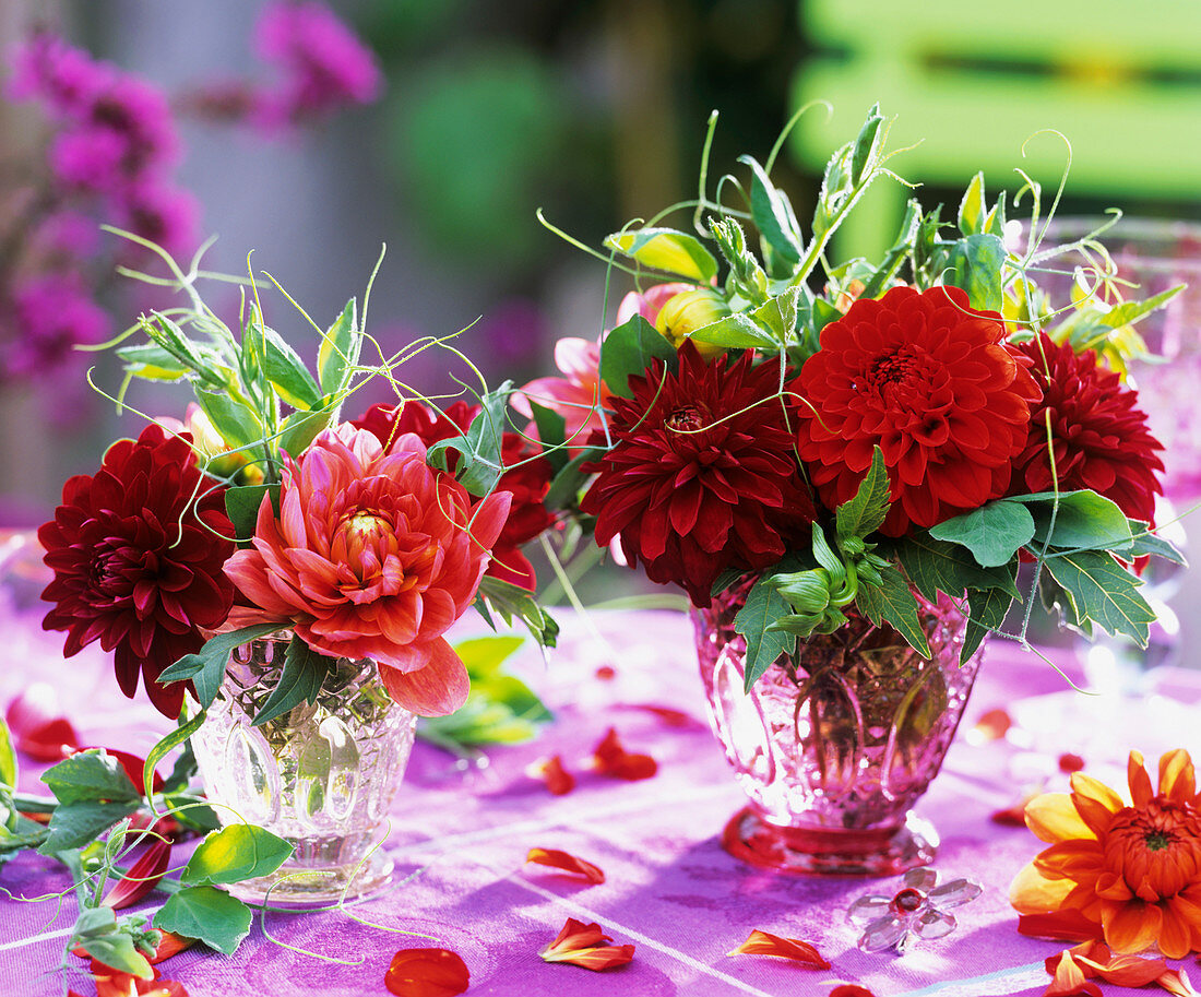 Two small bunches of dahlias and sweet peas