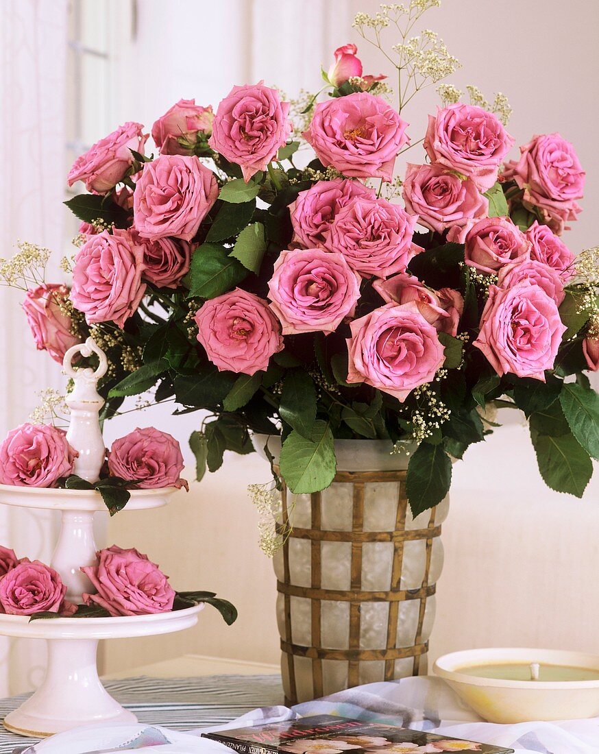 A vase of pink roses