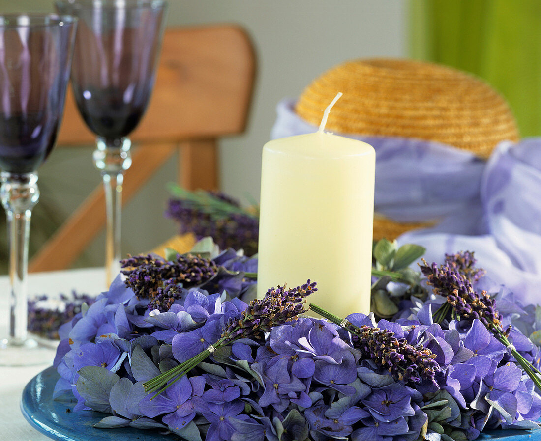 Hydrangea wreath and posy of lavender with candle