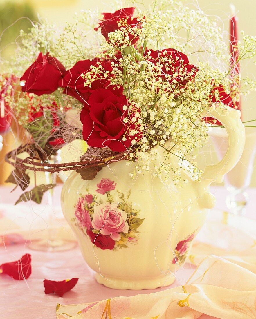 Red roses with Gypsophila