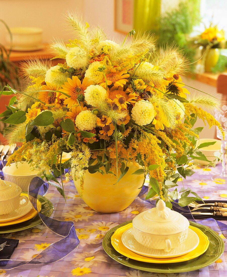 Late summer arrangement of dahlias and Helenium