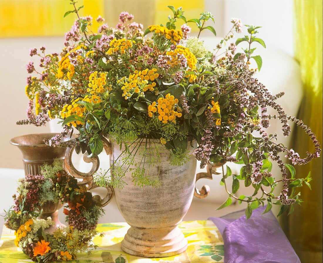 Arrangement of herbs: tansy, dill, basil and oregano flowers