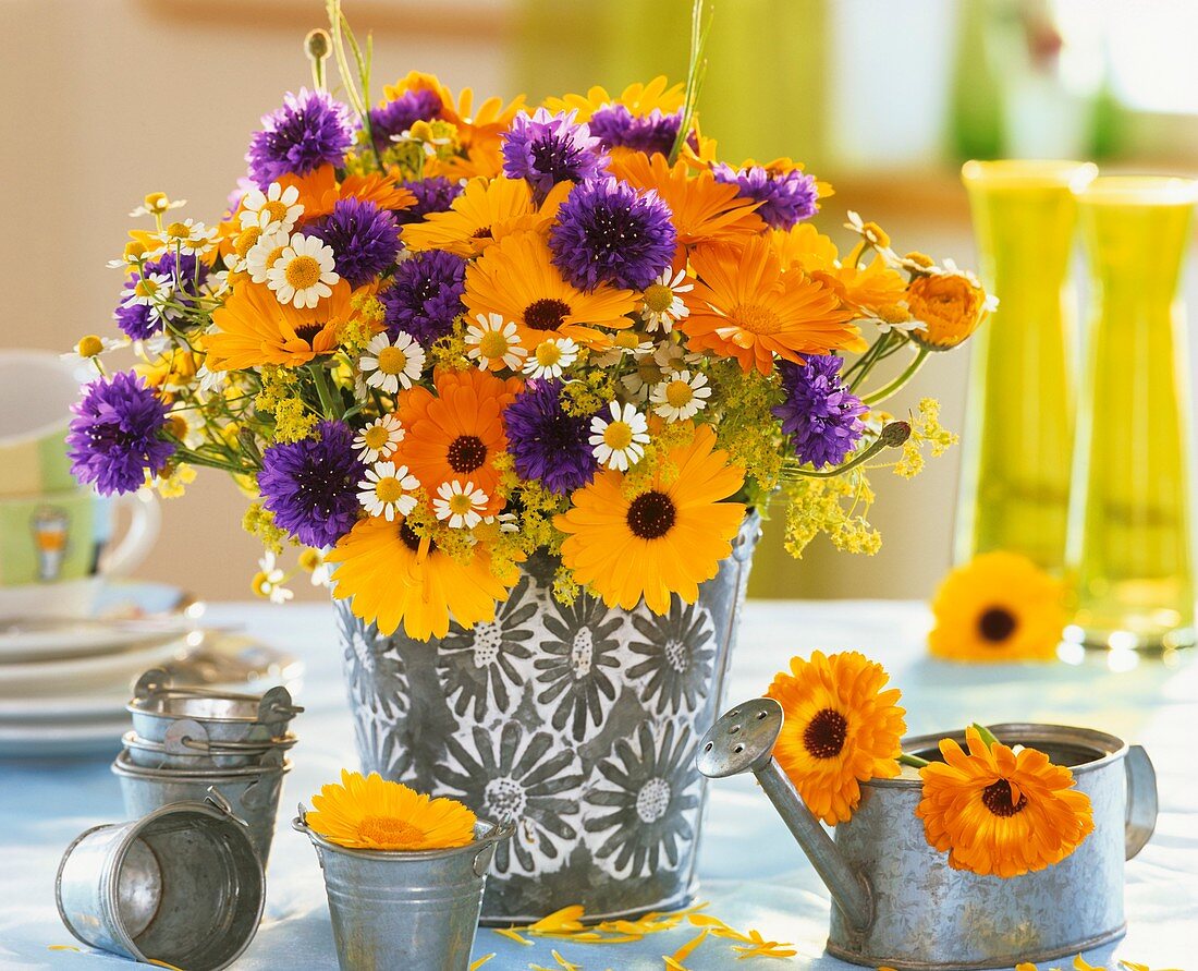 Marigolds, cornflowers, lady's mantle and chamomile in bucket