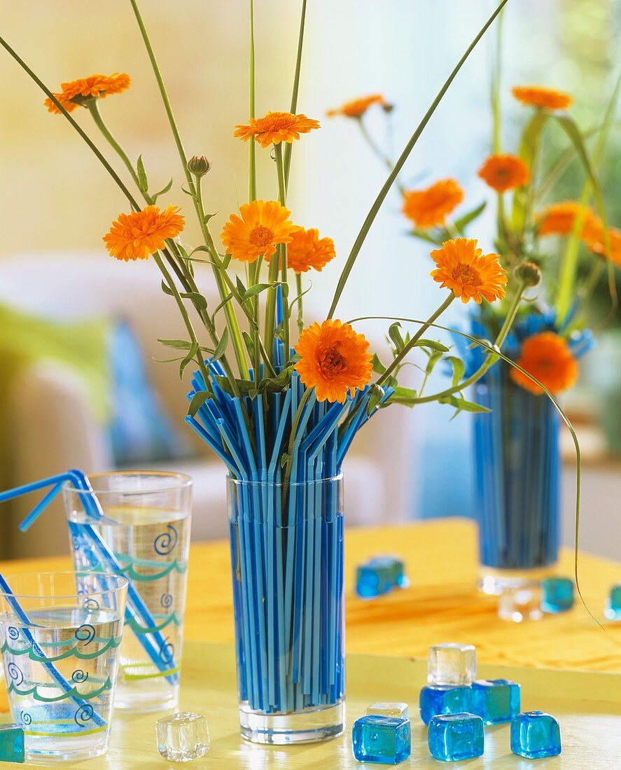 Marigolds and prairie cordgrass among blue straws